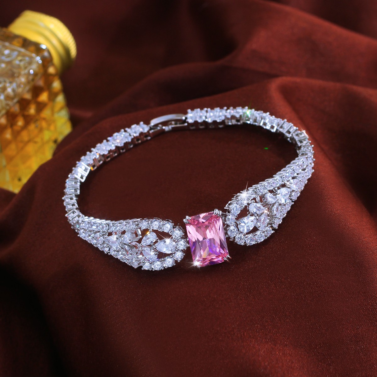 Silver Plated Pink Baguette Cubic Zirconia Wide Bracelet Bangle for Women Bridal gallery