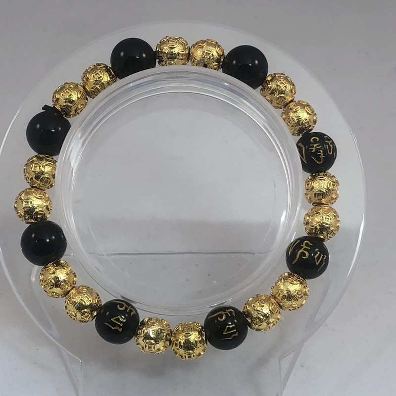 Gold Tone Black Bead Stretch Bracelet Filigree Engraved Script New with Gift Box gallery