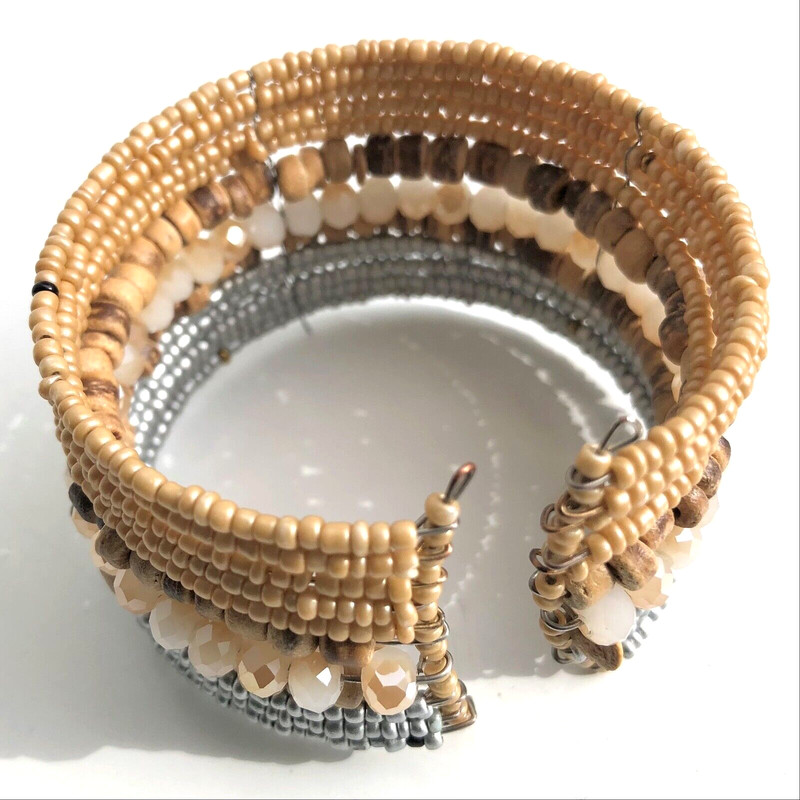 wide cuff bracelet beaded wire natural tan gray silver seed beads boho casual gallery