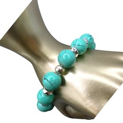 Bracelet Aqua Blue Stretch Black Lined Round Acrylic Beads Adjustable SKU2331