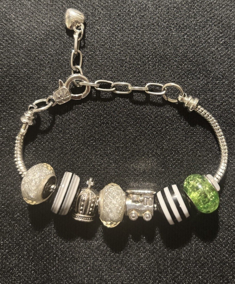 8” Adjustable Silver And Green Beaded Charm Bracelet gallery