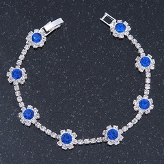 Sapphire Blue/ Clear Diamante Floral Bracelet In Rhodium Plated Metal – 17cm L