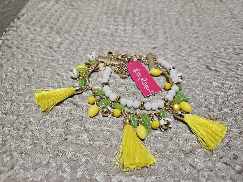 LILLY PULITZER BRACELET⭐ YELLOW LEMON TASSEL ⭐️ NWT3 Strand Beaded Chain