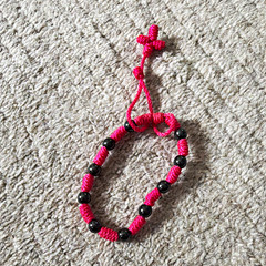 Pink & Black Beaded Cord Bracelet, Adjustable Closure, Round Black Beads