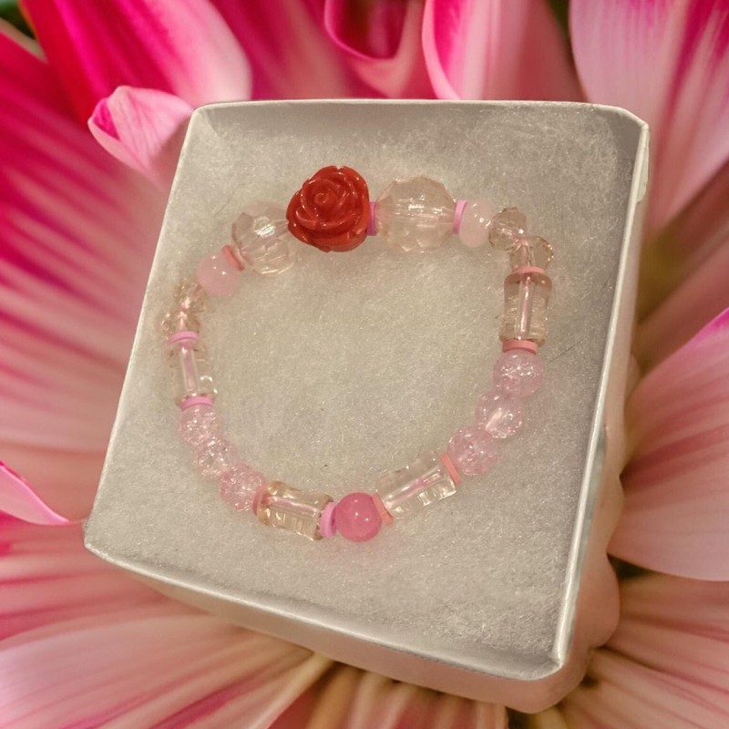 Pink clear women's handmade exquisite clay, acrylic, crystal beaded bracelet gallery