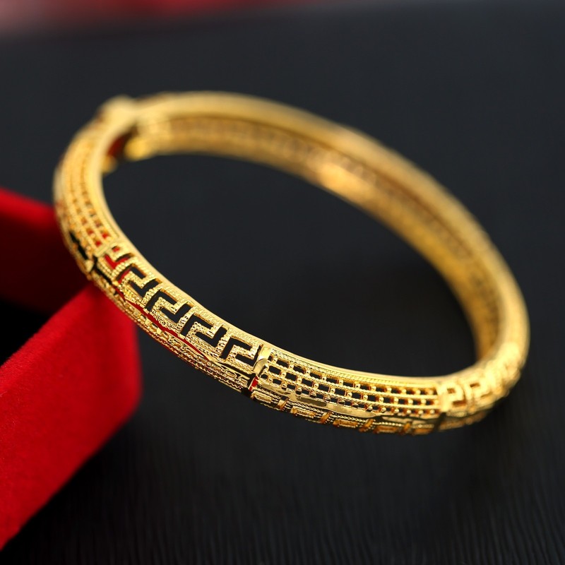 18K YELLOW GOLD FILLED 8MM Matte GREEK KEY BAND 60MM WOMEN SOLID BANGLE BRACELET gallery