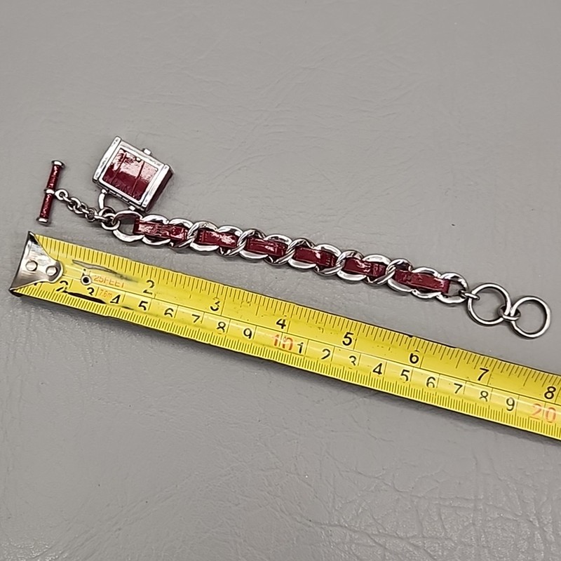 Ecclissi Bracelet Purse Charm Watch Red Faux Leather Silver Tone Chain 7" gallery