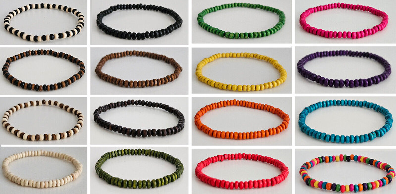 Mens Wooden Bead Tribal / Surfer Elastic Bracelet - 4x3mm beads - 15 Colours NEW gallery