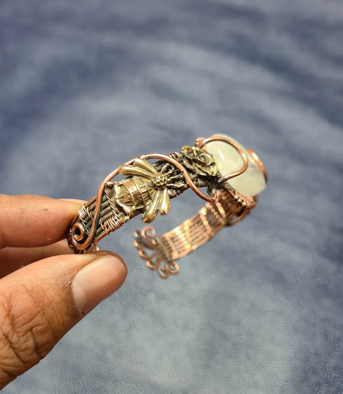 Rainbow Moonstone Copper Wire Wrapped Adjustable Cuff Bangle Statement Jewelry gallery