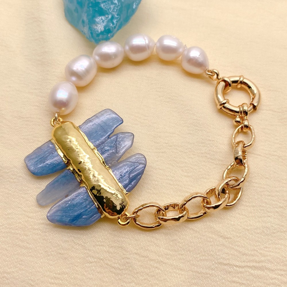 Cultured White Rice Pearl Kaynite Bracelet Blue Gemstone Jewelry gallery