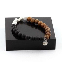 Bracelet Howlite Of USA + Beads Black Onyx Matt + Wood 0 5/16in Made IN France