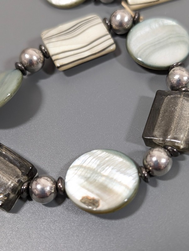 Set of 2 Gray Dichroic Glass Square Round Shell Stretch Bracelets Boho Coastal gallery