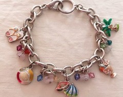 Pretty Beachy Charm Bracelet w Flip Flops Sea Glass Palm Tree Tropical Drink Bal