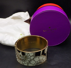 Kate Spade Bangle Bracelet Floral Hinged White Black and Gold Gently used In Box