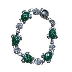 Green Enamel Sea Turtle Rhinestone Flower Magnetic Clasp Bracelet Silver Tone