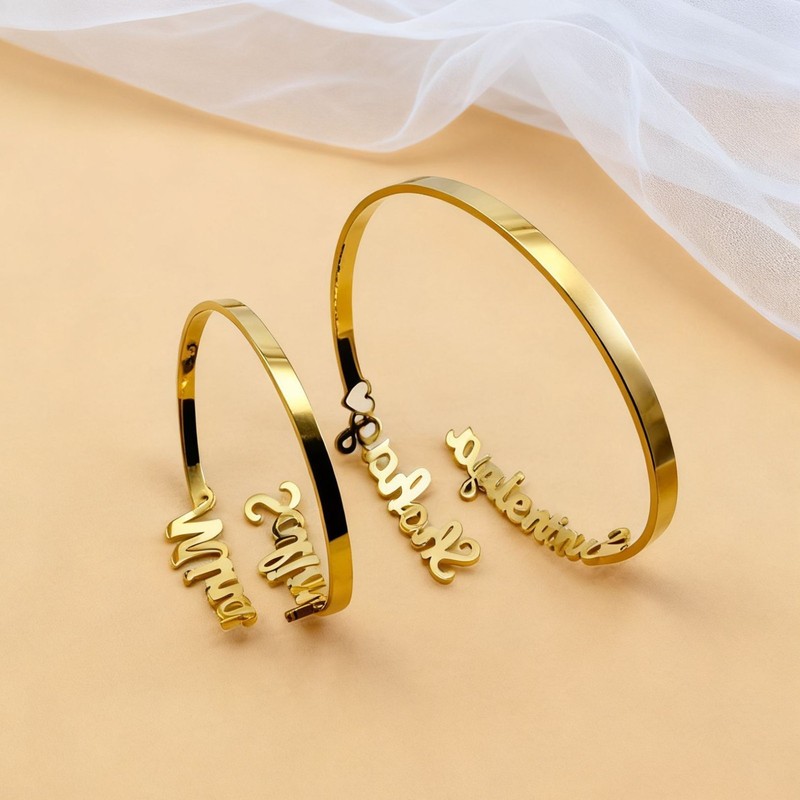 Custom Engraved Couple Name Open Bangle Stainless Steel Bracelet Birthday Gift gallery