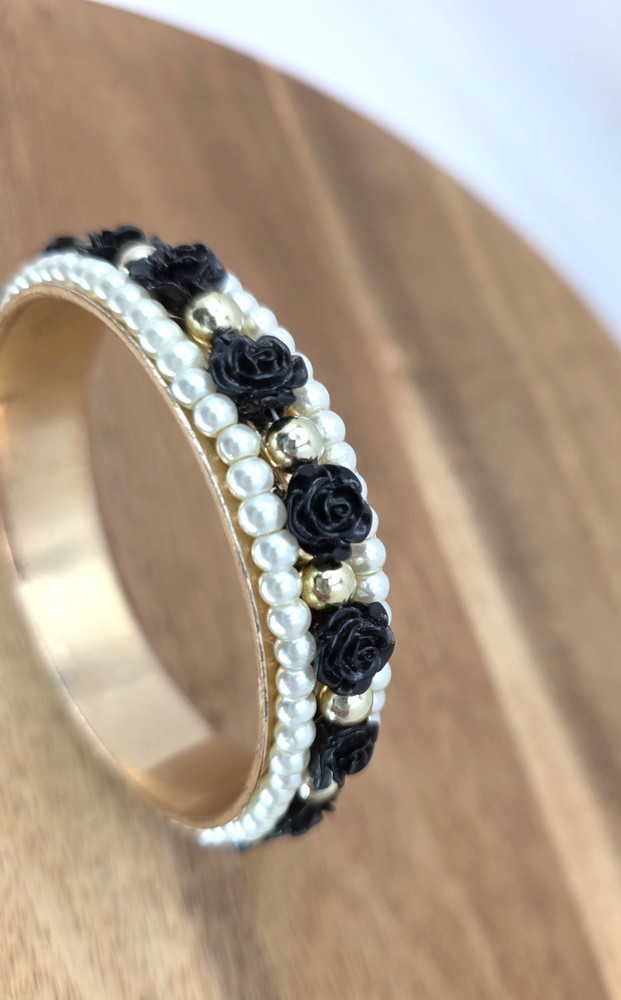 Black Rose Bangle Bracelet Vintage 90s Black White Gold Tone Floral Cuff