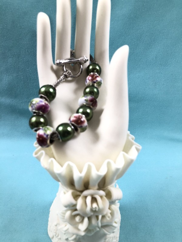 Floral Painted Porcelain Bead Silver Charm Bracelet New In Gift Box gallery