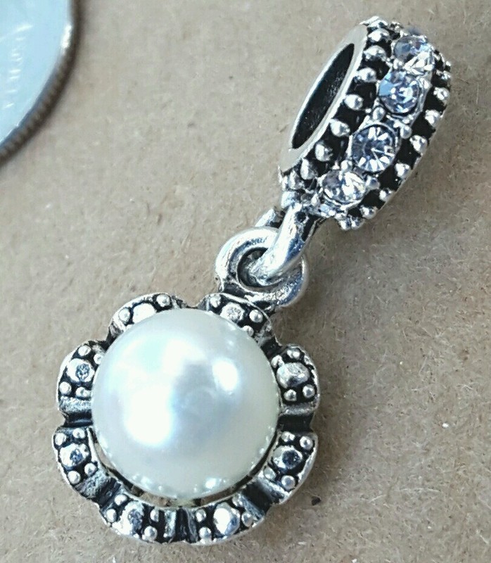 Irridescent White Glass Pearl CZ Crystal Bail European Dangle Pendant Bead Charm gallery