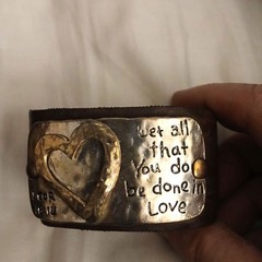 Inspirational 1 Cor 16:14 “Done in Love” Faux Leather Silver Brass Tone Cuff Bra