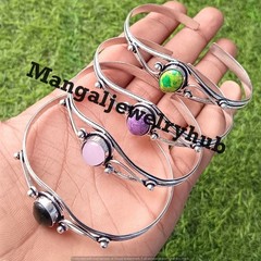 Rose Quartz Mix & Gemstone Bangles 925 Sterling Silver Plated Bulk Lot Jewelry