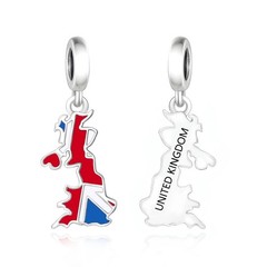 United Kingdom 925 Sterling Silver Charm for Bracelet; Flag Map