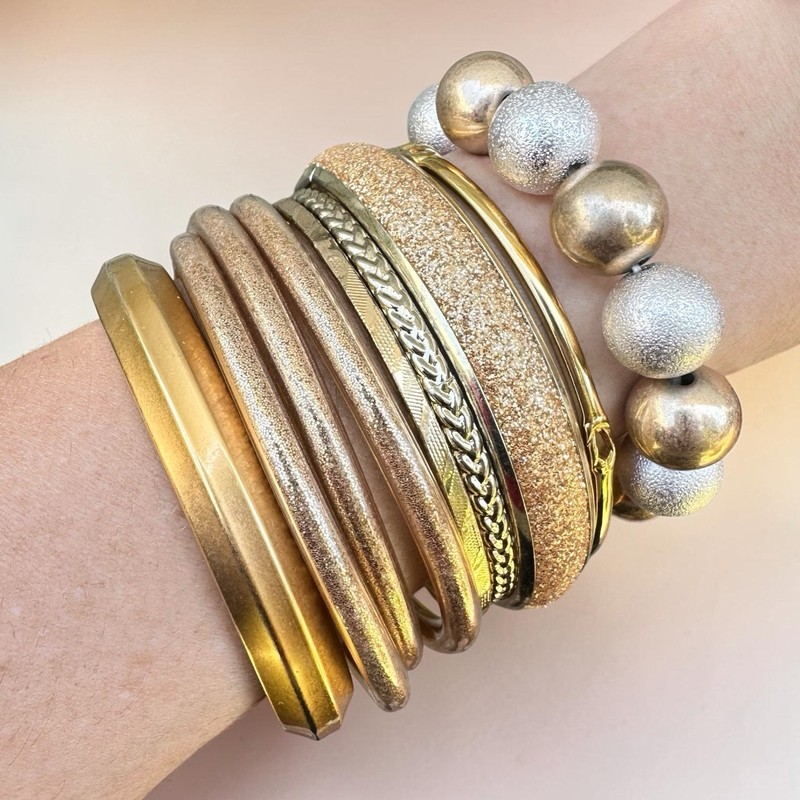 Gold Tone Bracelet Stack Mixed Material Metal Glitter Sparkle Matte Bangle Cross gallery