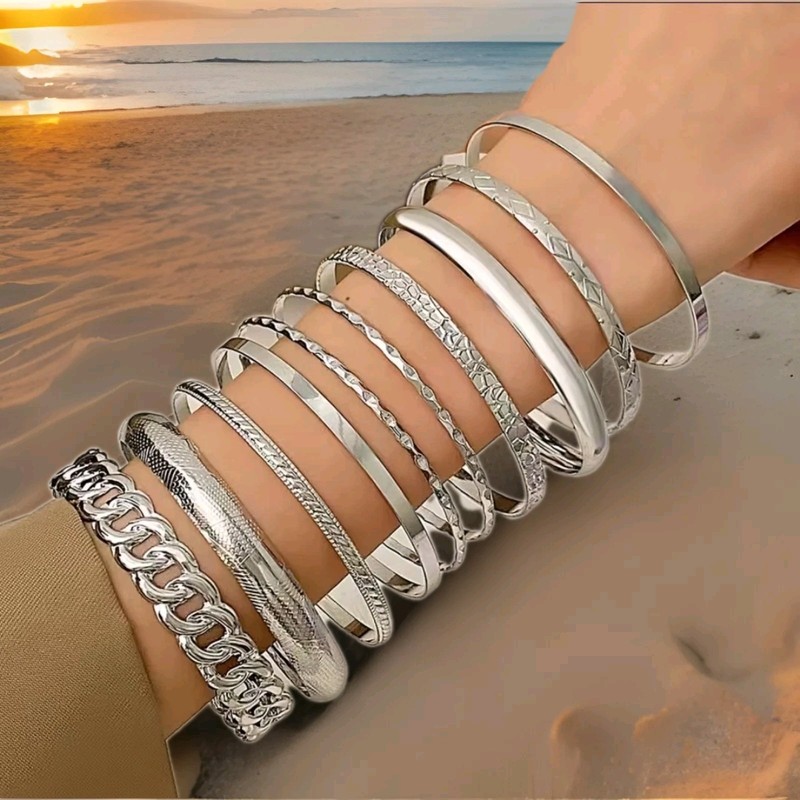 10 Piece Silver Tone Bangle Bracelets Fashion Jewelry B1 gallery