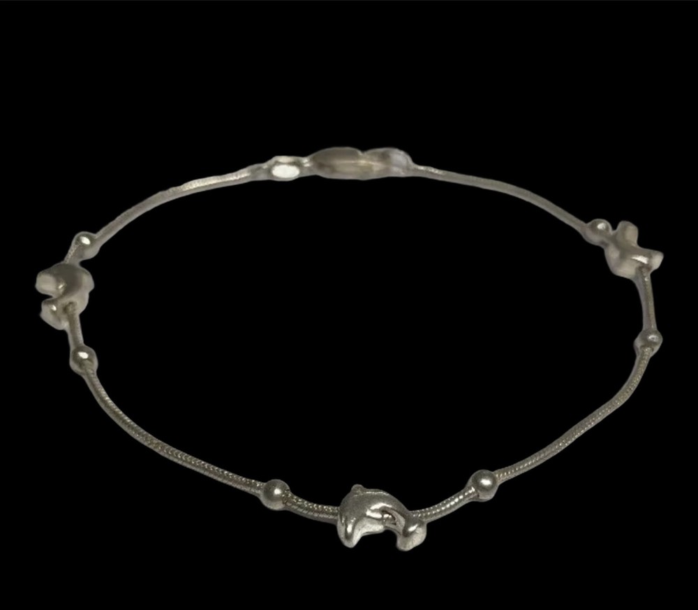 Vintage Sterling Silver Dolphin & Scalloped Bead Rope Bracelet - 8” Long 5.1 Gra