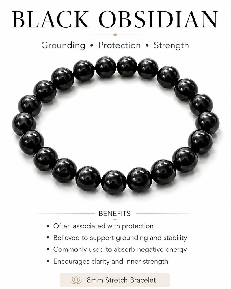 8mm Black Obsidian Stretch Bracelet Genuine Crystal Beaded Bracelet Unisex