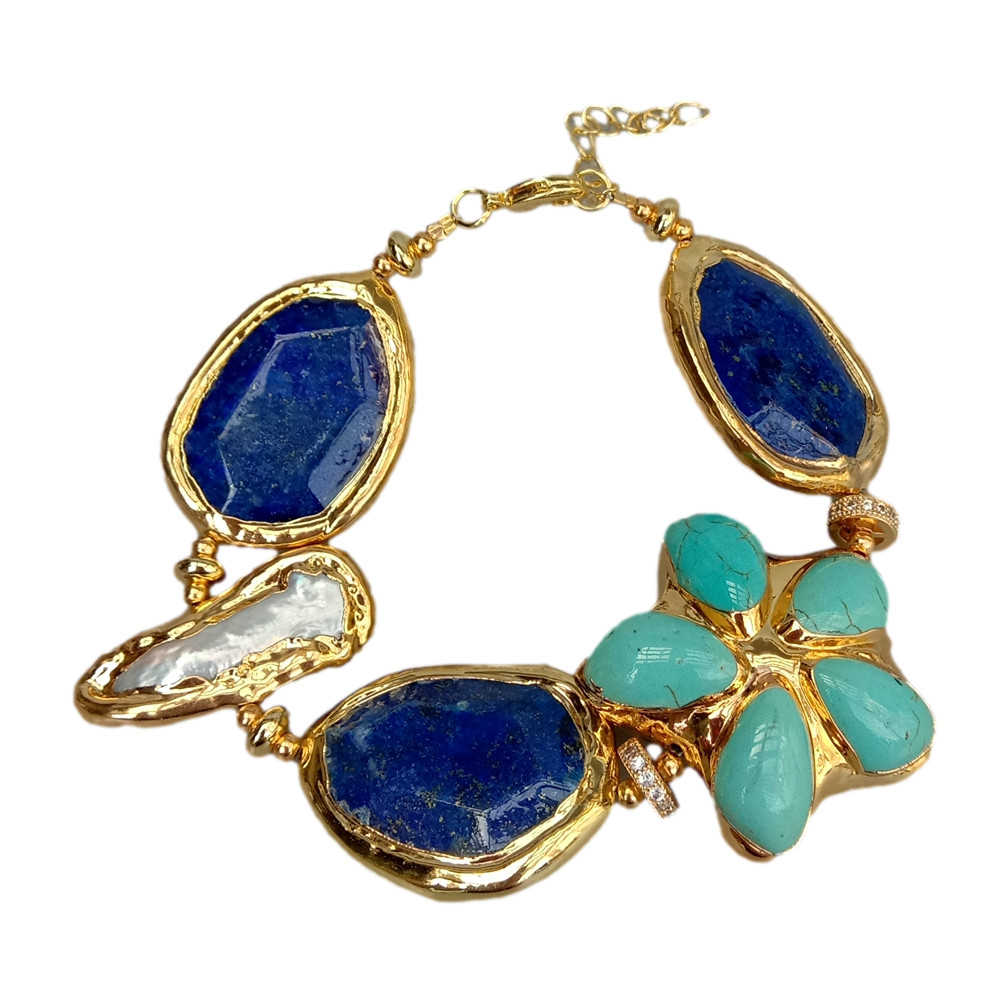 8" Blue Lapis Turquoise Flower White Biwa Pearl With Electroplated Edge Bracelet gallery