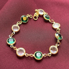 Monet Gold Tone Round Link Bracelet Bezel Green & Clear Crystals
