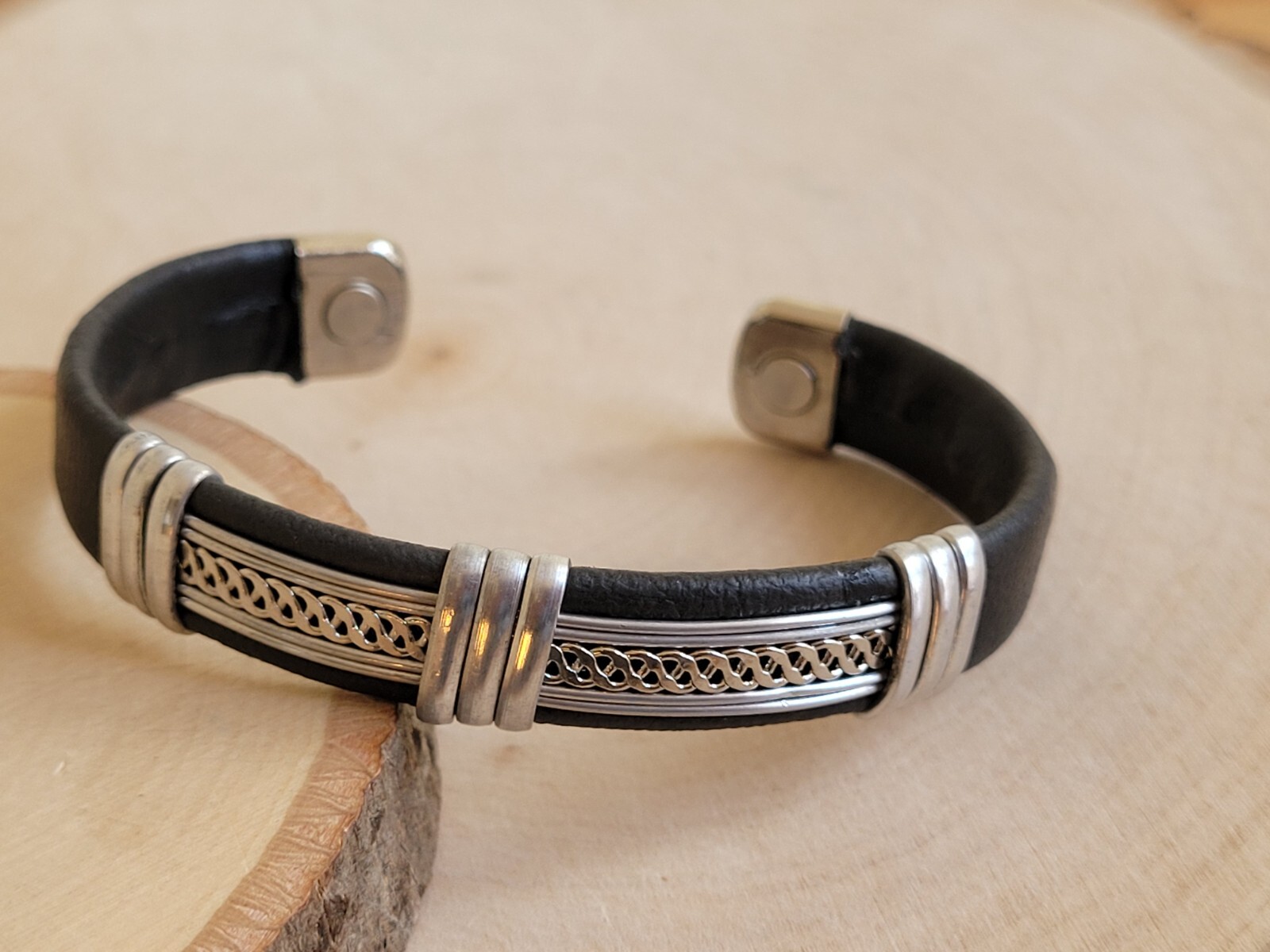 Solid Copper Leather Wrapped Magnetic Bracelet Men Women Energy Pain Silver Mesh gallery