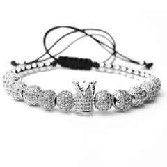 Luxury Men’s Silver Plated Micro Pave CZ Ball Crown Braided Adjustable Bracelets