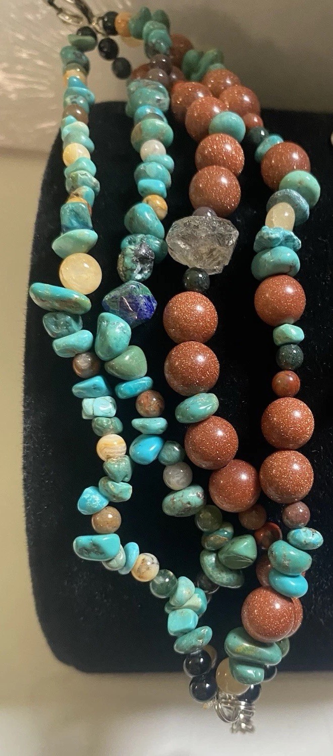 Vintage Bracelet Turquoise Nugget Onyx Goldstone Jasper Agate Multi Strand 7in gallery