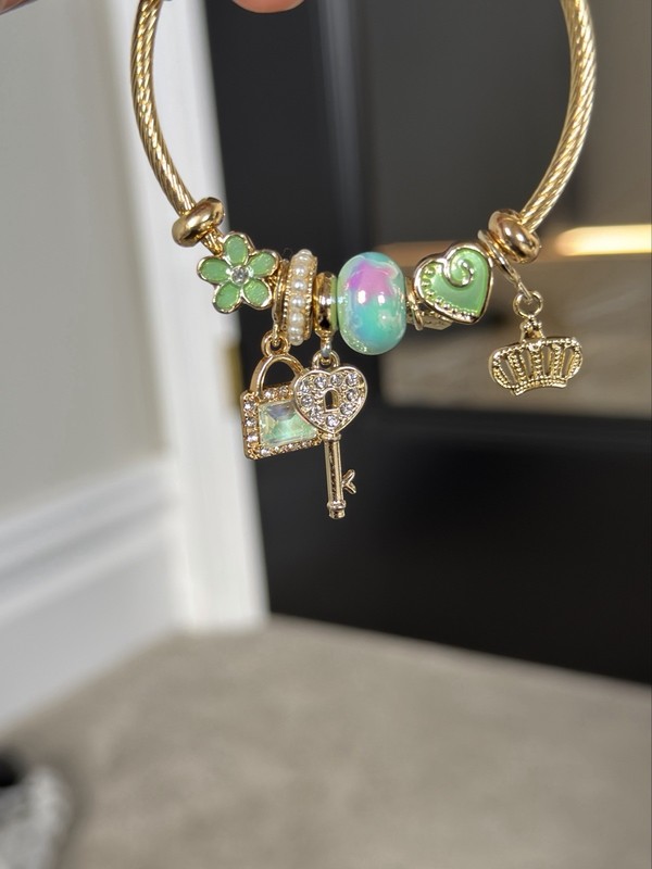 LuxeTreasures Gold Bangle Mint Green Key Crown Lock Charms bracelet gift ready gallery