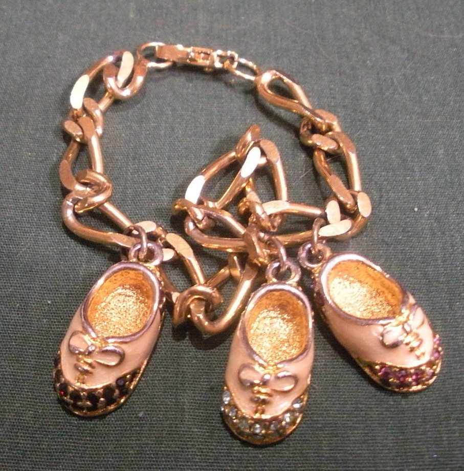 3 pc. BABY SHOE CHARM Bracelet "Boy" GOLD TONE White Enamel Birthstone Crystals