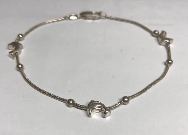 Vintage Sterling Silver Dolphin & Scalloped Bead Rope Bracelet - 8” Long 5.1 Gra gallery