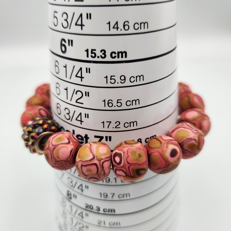 Pink Polymer Clay Large Round Marbled Design Beads Stretch Bracelet gallery