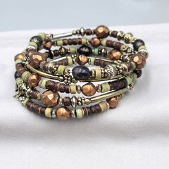 Memory Wire Bead Bracelet Coconut Shell Green Metallic Silver tone 8″