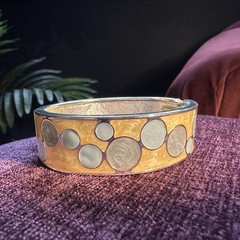 Buckingham Enamel Hinged Bangle Bracelet Boxed Blue Yellow Silver Tone Vintage