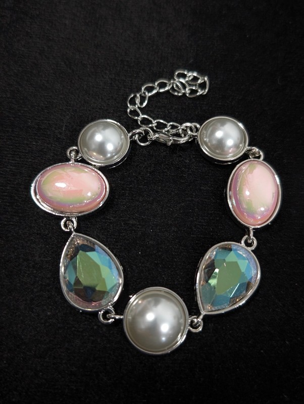 Silver Tone Pink Iridescent AB Crystal Faux Pearl Bezel Tennis Bracelet 9 in gallery