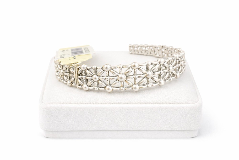 Lucky Brand Silver Tone Open Cuff Bracelet Bohemian Floral/Starburst Cutout 7”