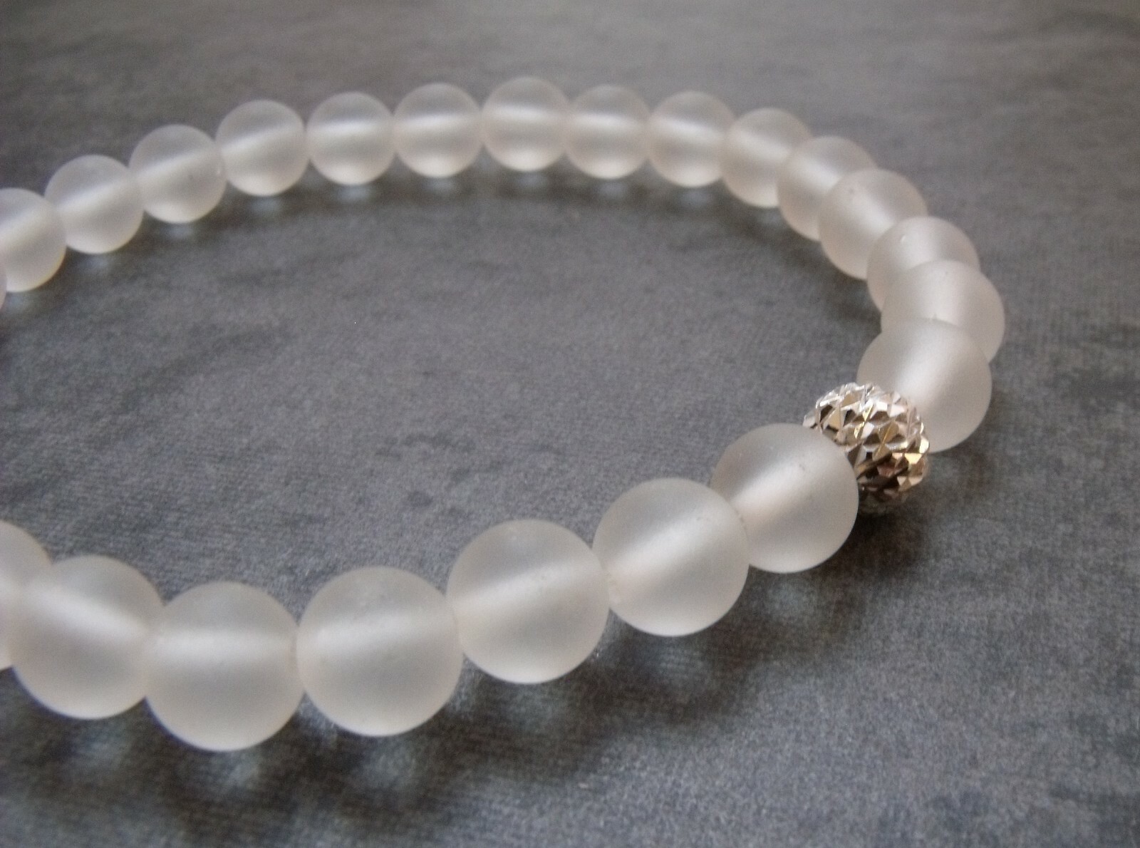 FROSTED WHITE QUARTZ AND SILVER STRETCH YOGA BRACELET 8 ins - FREE POSTAGE gallery
