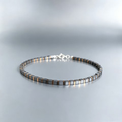 Men’s Hematite Cube Beaded Bracelet Silver Copper Tone Grounding Protection