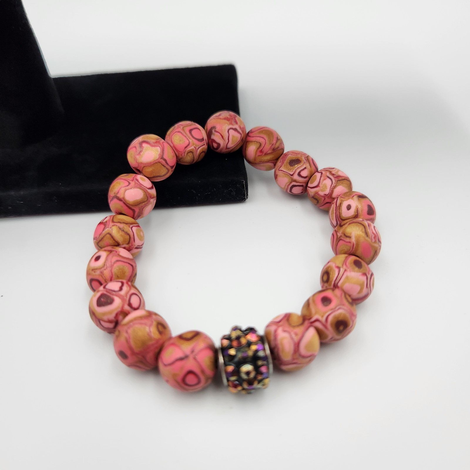 Pink Polymer Clay Large Round Marbled Design Beads Stretch Bracelet gallery