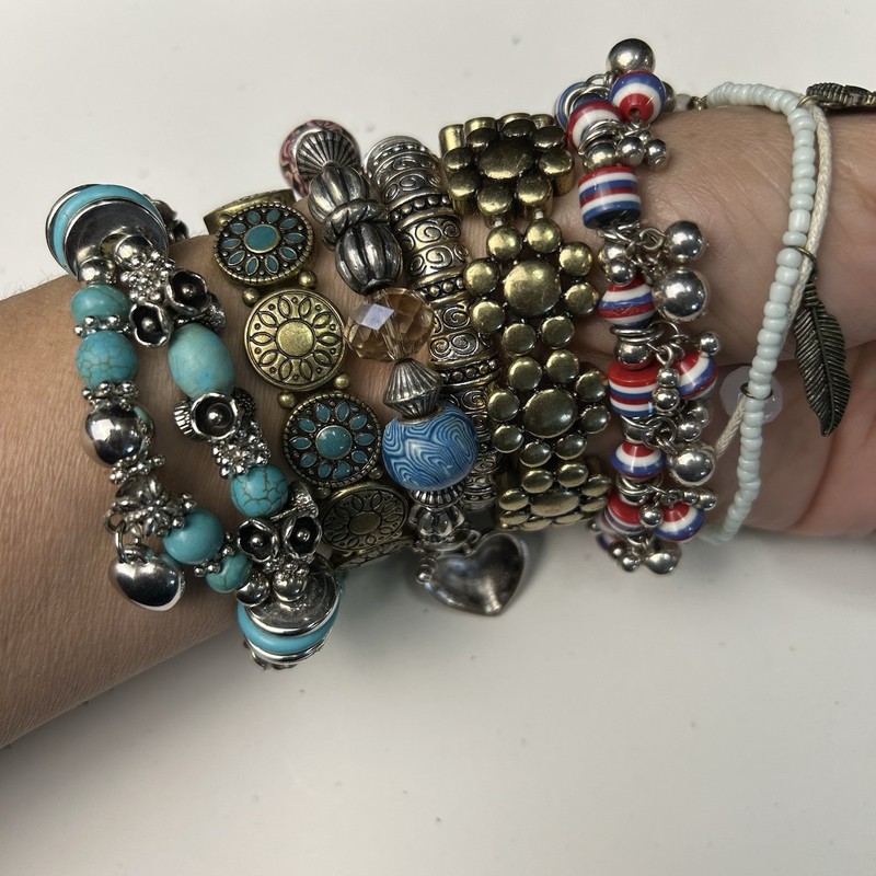 Boho Turquoise Charm Bracelet Stack 7pc Lot Silver Western Festival Jewelry SEE gallery