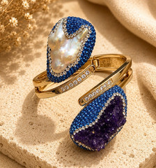 Natural Baroque Pearl and Quartz Open Cuff Bracelet Blue Rhinestone