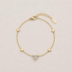 Dainty Gold Tone Heart Bracelet Stainless Steel CZ Crystal Charm Adjustable Gift