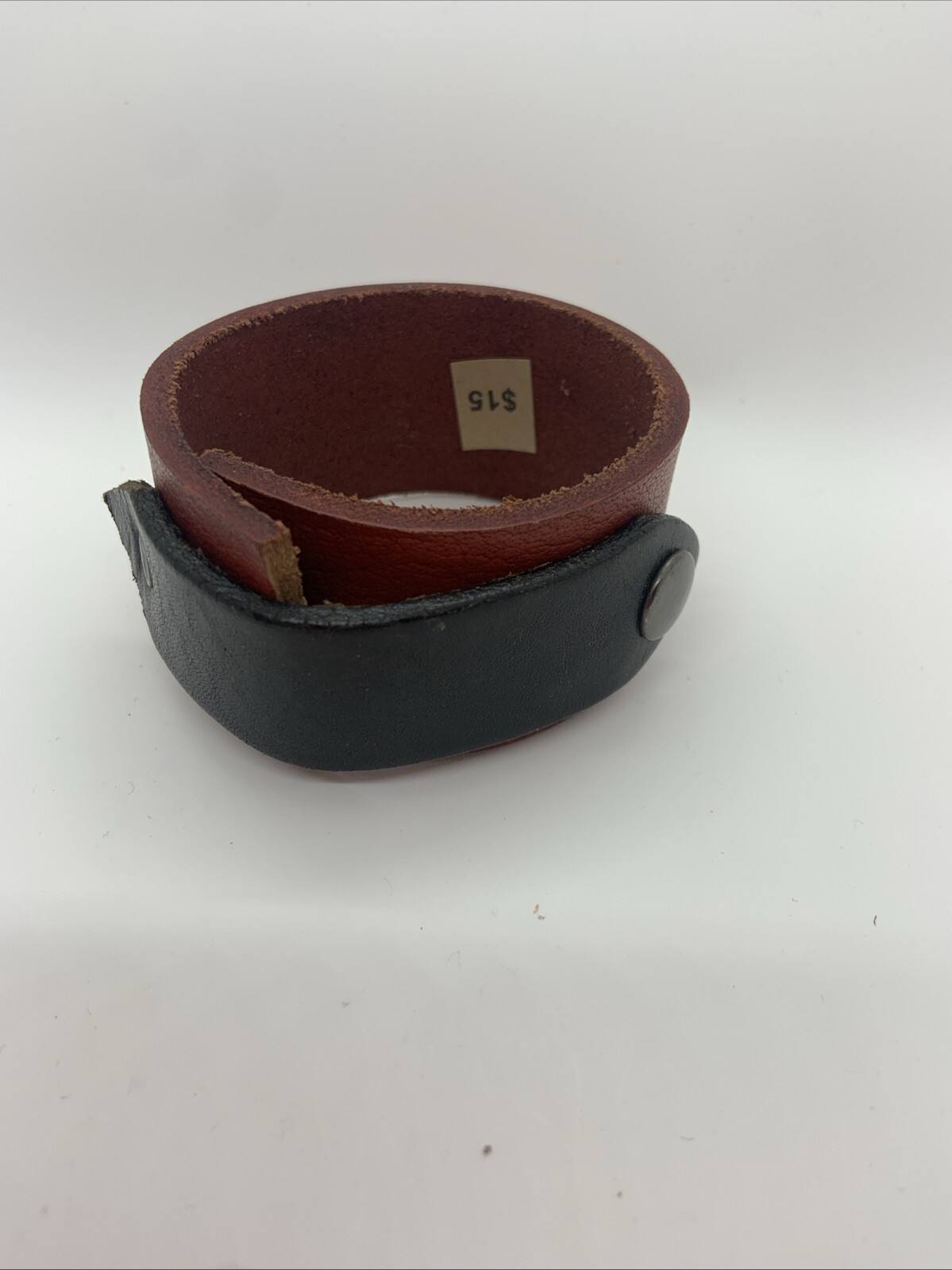 Beautiful Leather Wrap Bracelet Thick Brown-red & Black Single Snap 1 1/2” X 9” gallery